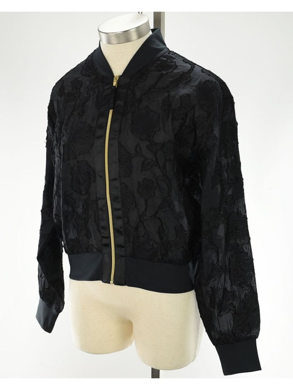 GSTQ Black Beauty FLORAL Sheer Full Zip Long Sleeve Bomber Jacket MEDIUM NWT